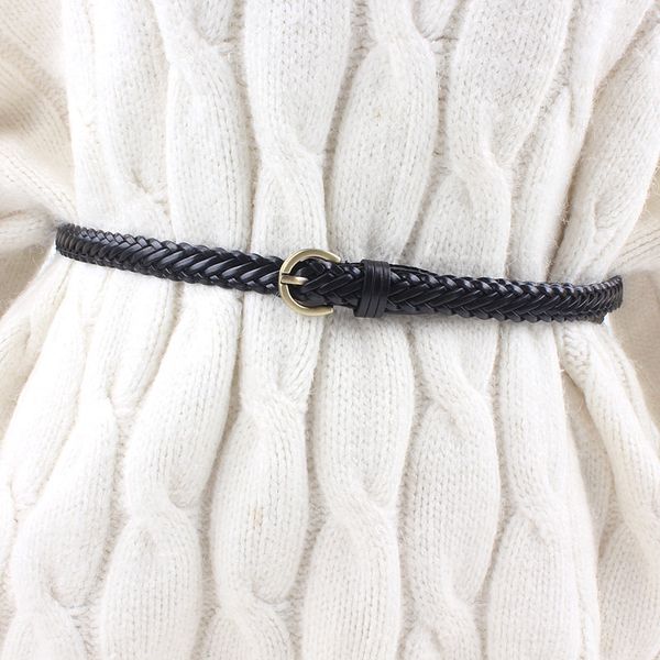 

new women leather knitted braided belt waist weaving rop retro pin buckle strap for dresses casual black brown white