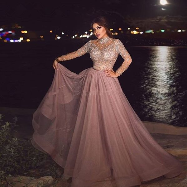 

high neck dusty pink muslim evening dress illusion long sleeve crystal beaded plus size arabic formal dresses for women dubai prom gowns, Black;red