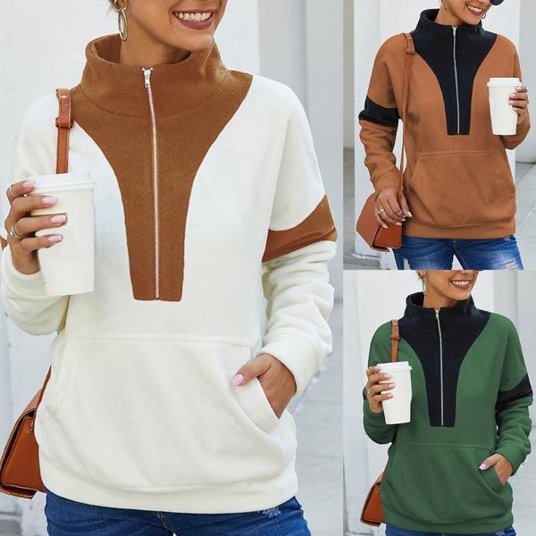 

fashion women autumn color block long sleeve stand collar zip pocket sweatshirt women hoodies casual print autumn female pullove, Black