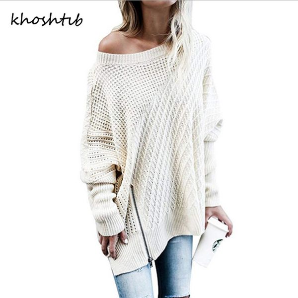 

khoshtib women's sweater autumn winter new fashion zipper bat sleeve off-shoulder sweater large size women's clothing