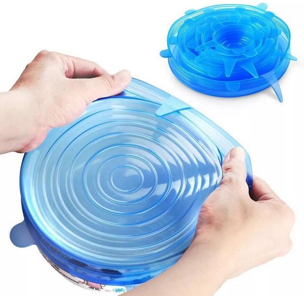 6 Pçs / set Silicone Estiramento Sucção Pot Tampas de Grau Alimentar Manter Fresco Envoltório Selo Tampa Pan Tampa 4 Cor Agradável Acessórios de Cozinha Por Atacado DHL