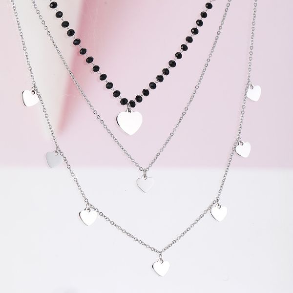 

multi layered chains necklace for women stainless steel hearts charm chokers black crystal beads necklace fashion jewelry gift, Silver