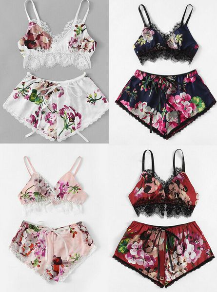 

women satin lace mesh floral sleepwear babydoll lingerie nightwear shorts pjs pyjamas 2csp, Red;black