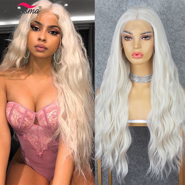 

kryssma platinum blonde wig long wave synthetic lace front wigs for women sliver grey cosplay wigs heat resistant fiber hair, Black