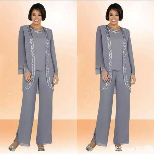 

Modest 2019 Chiffon Jewel Long Mother Of The Bride Pant Suits With Long Sleeve Jacket Cheap Embroidery Formal Suits Custom Made