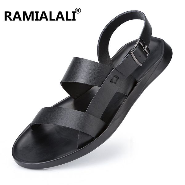 

ramialali genuine leather men sandals shoes fretwork breathable fisherman shoes style retro fashion summer men, Black