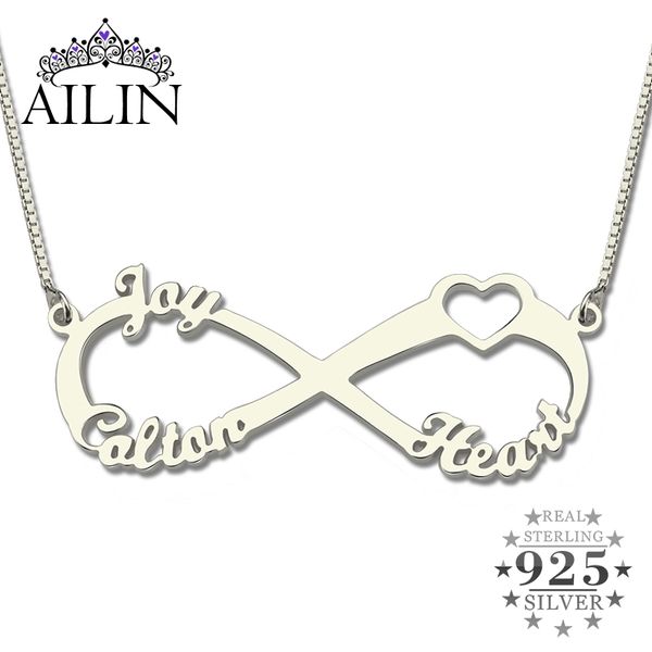 Atacado Sterling Silver Heart Marca Infinity Colar com três nomes Infinity Nameplate Moda Presente para a mãe