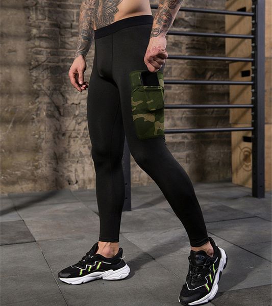 

men's workout pants fitness leggings camoufalge pockets gym compression leg man bodybuilding trousers joggers sweatpants, Black