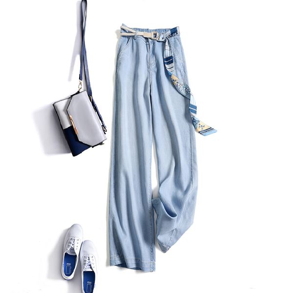 

summer thin and light ~ jeans drape straight wide leg pants casual mopping pants with belt high waist women, Blue