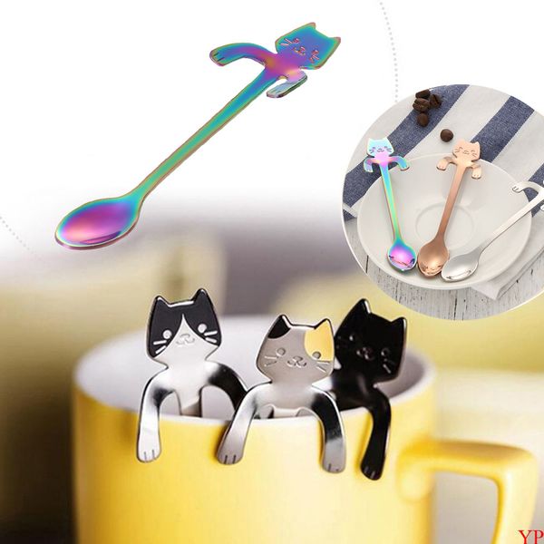 

1pc cute cat long handle hanging poon coffee milk tainle teel poon flatware kitchen tool for kid gift
