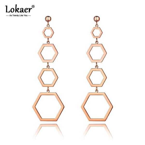 

lokaer bohemia titanium stainless steel hollow hexagon drop earrings rose gold creative dangle earrings jewelry for women e19305, Silver
