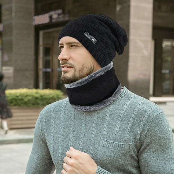 

winter hats for men beanies neck warmer knit hat skullies cap scarf sets add velvet collars knitted hat fashion windproof, Blue;gray