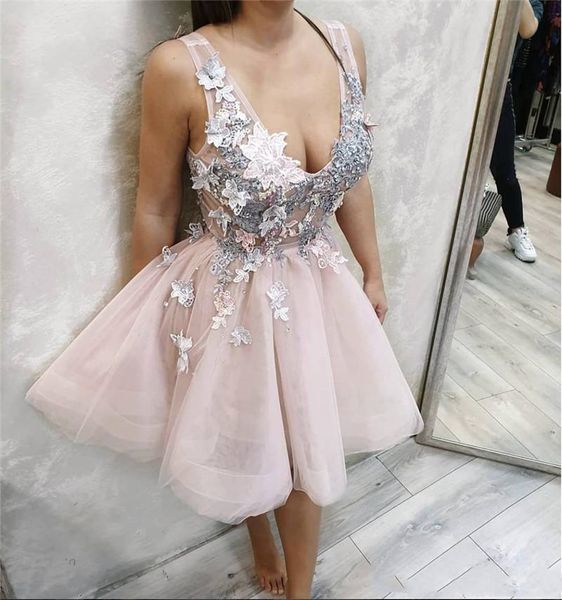 

light pale pink homecoming dresses deep v neck 3d floral appliques junior short prom dress party gowns vestido curto customize plus size, Blue;pink