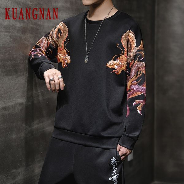 

kuangnan dragon embroidery sweatshirt men streetwear hip hop harajuku sweatshirts men clothing sweatshirt 5xl 2019 autumn, Black