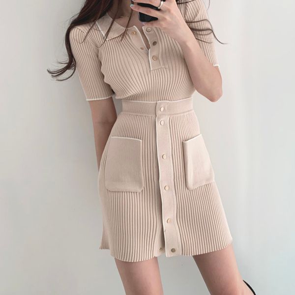 

summer collar short sleeve knit suit female short sleeve high waist skirt set spring two-piece women sets, White