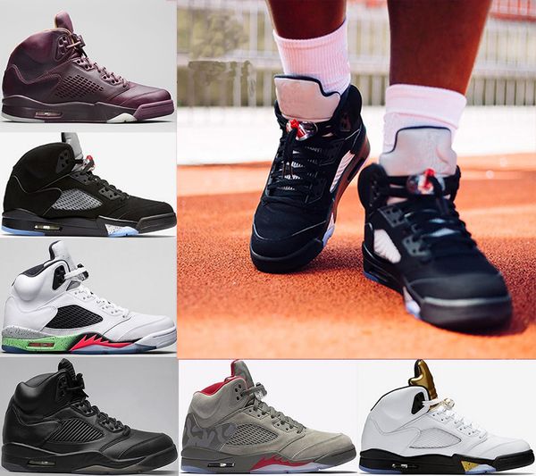 

man basketball shoes 5 5s sneaker athletic fire red blue suede og black metallic casual sports shoes trainer