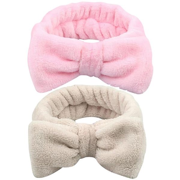 

2 pc new solid color headband women head wrap soft coral fleece makeup washing face turban bow hairband hair turban accessories, Slivery;white