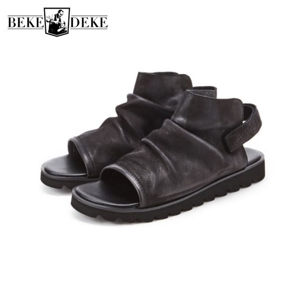 

british sandals men genuine leather summer shoes open toe luxury gladiator sandals outdoor non-slip beach flip flops sandalias, Black