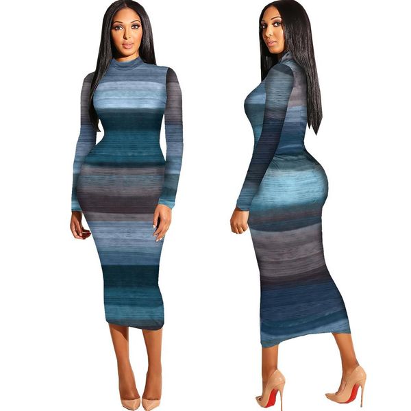 

3532 cross-border european and american women's casual dresses striped long-sleeved dress long skirt night shop skirt 3 colors, Black;gray