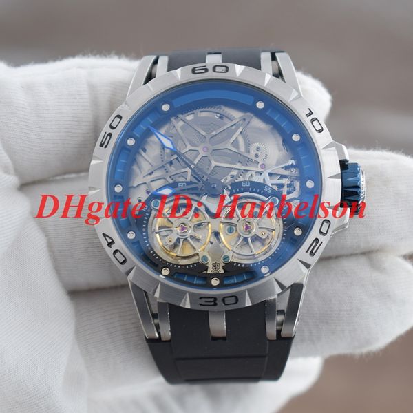 NEU RDDBEX0481 Herrenuhr Skelettiertes Zifferblatt Blaue Innenschicht Hohles Edelstahlgehäuse Kautschukarmband Automatikwerk Doppeltourbillon 47 mm