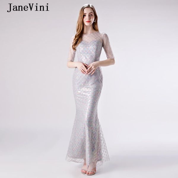 

janevini elegant gray mermaid long prom dresses 2019 o neck half sleeves sparkle colorful sequined sheer back formal party gowns, White;black