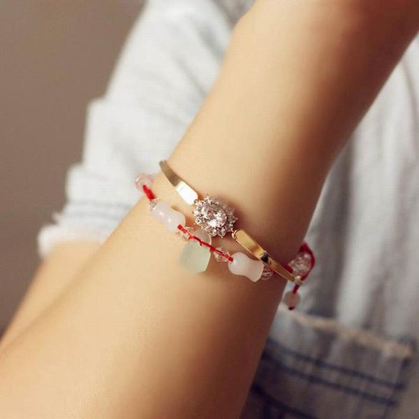 

romantic shiny zircon flower bangle gold color bangles for women girl party anniversary fashion jewelry, Black