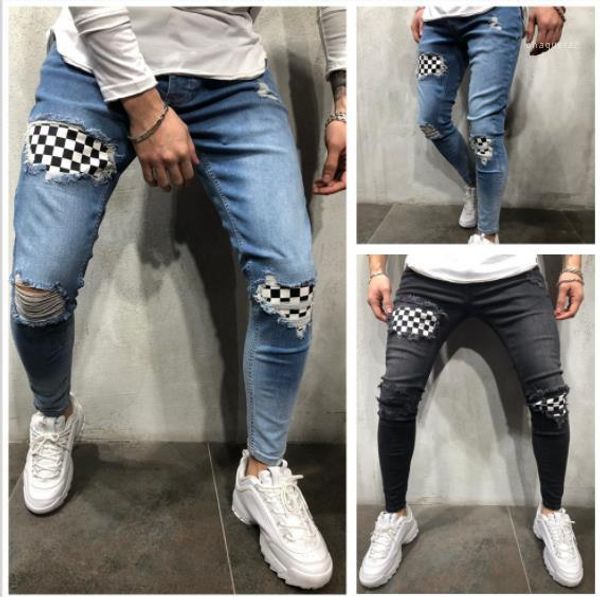 

knee holes mens designer jeans street style pencil pants casual pantalones skateboard mens fashion pants, Blue