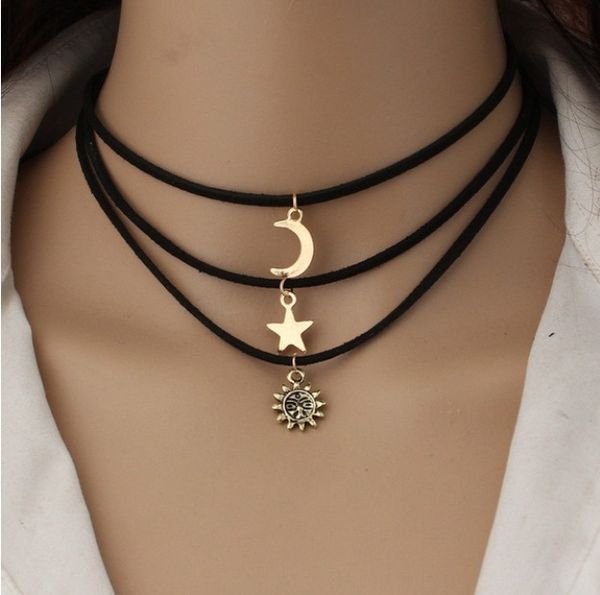

jane simple vintage star moon sun chokers necklaces set alloy pendants leather rope 3 necklaces set, Golden;silver