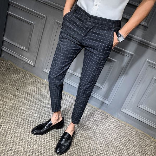 

plus size business work office summer slim elegant ankle length suit pant men high waist casual fashion trouser pencil plaid, Black