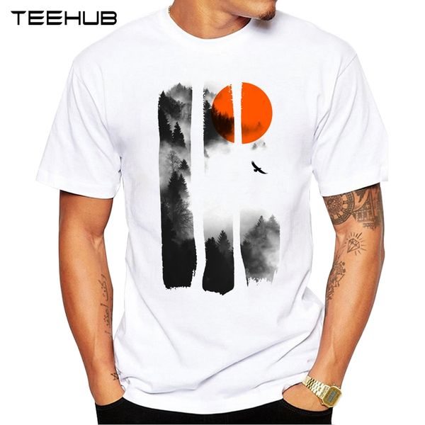 

new arrivals 2019 teehub cool design men's fashion scenic forest printed t-shirt short sleeve o-neck hipster tee, White;black