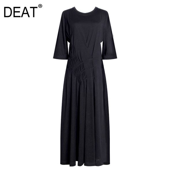

deat 2019 new summer fashion women clothes crimp dress three quarter sleeves round neck pleated high waist long dresses wf35400, Black;gray
