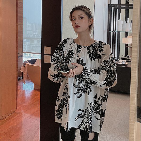 

lanmrem 2019 korean version of the autumn shirt female retro round neck loose thin printed long-sleeved shirt 19b-a520, White
