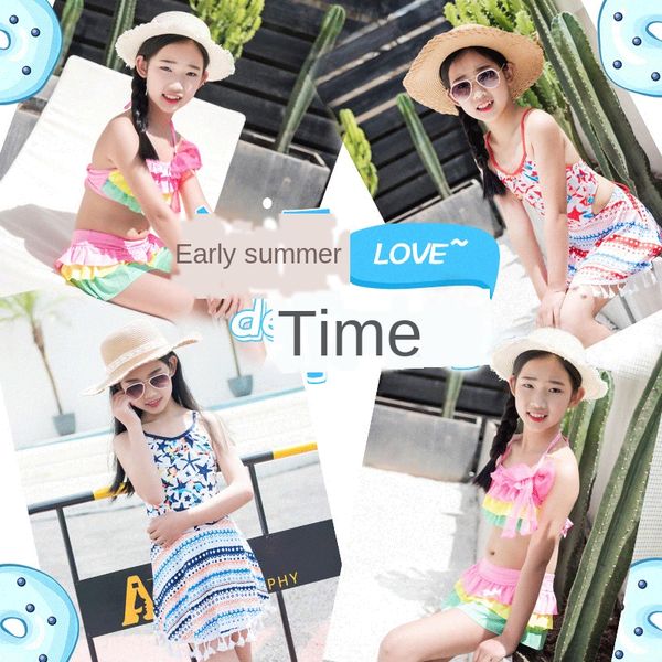 

girls' swimsuits middle and large children's split skirt style conservative swimsuit boxer swimsuit students' girls' swi, White;black