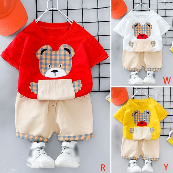 

summer children clothes girls cartoon bear suit baby boy short sleeve set cute fashion two-piece suit outfits8, White