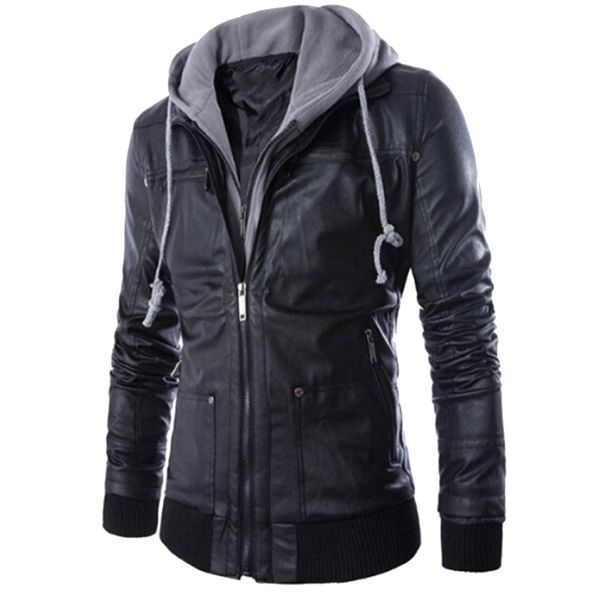 

men leather jacket turn-down collar with hooded jaqueta de couro masculina pu mens faux fur coats veste cuir homme motorcycle, Black