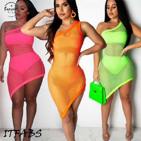 

fashion summer womens ladies mesh sheer see through dress club party beach hollow out cover up one shoulder bodycon mini dress, Black;gray