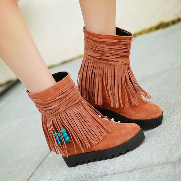

women boots waterproof snow boots winter shoes fund slip-on flat round ankle lie fallow tassel short new, Black
