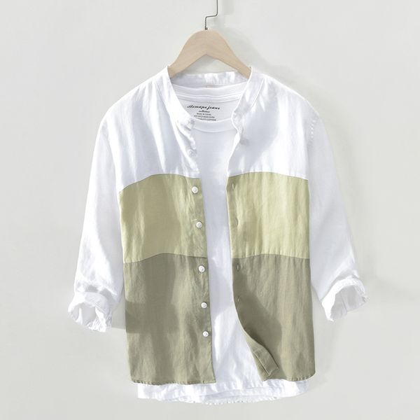 

men's casual shirts 100%pure linen patchwork shirt man three quarter sleeve fashion loose clothing y2937, White;black
