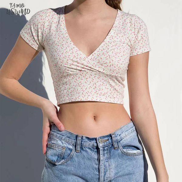 

women floral print crossover v neck short sleeved crop cotton blend cap sleeve crop tee drop shipping, White