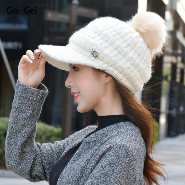 

autumn winter plus velvet thick warm wool cap for girls acrylic diamond beanie women solid color earmuffs duck tongue knit hat, Blue;gray
