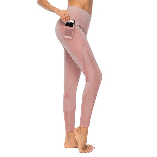 

mesh patchwork sport leggings with pocket women high waist workout yoga pants breathable gym running tights slim sport trousers, White;red