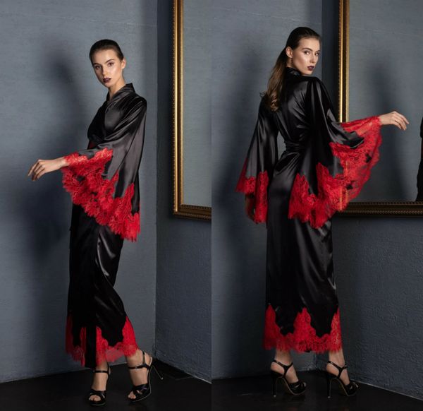 

black lace v-neck wedding bathrobes long sleeve satin silk bridal robe floor-length women lingerie nightgown pajamas sleepwear housewear, White;pink