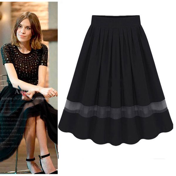 

stylish women retro long skirt high waist pleated tutu knee length skirt, Black