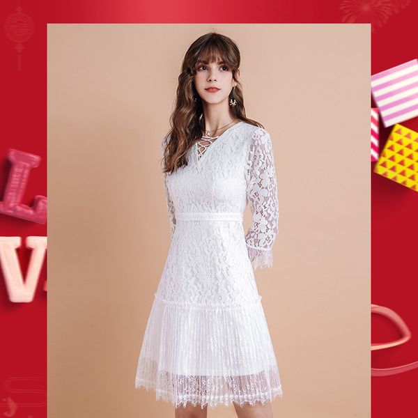 

casual dresses white dress 2021 spring boutique 7 minutes of sleeve temperament lady lace pleated 63333, Black;gray