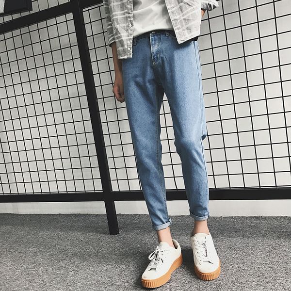 

spring and autumn korean version skinny jeans fashion casual pantsuit with nine-cent pants man 2019 men jeans, Blue
