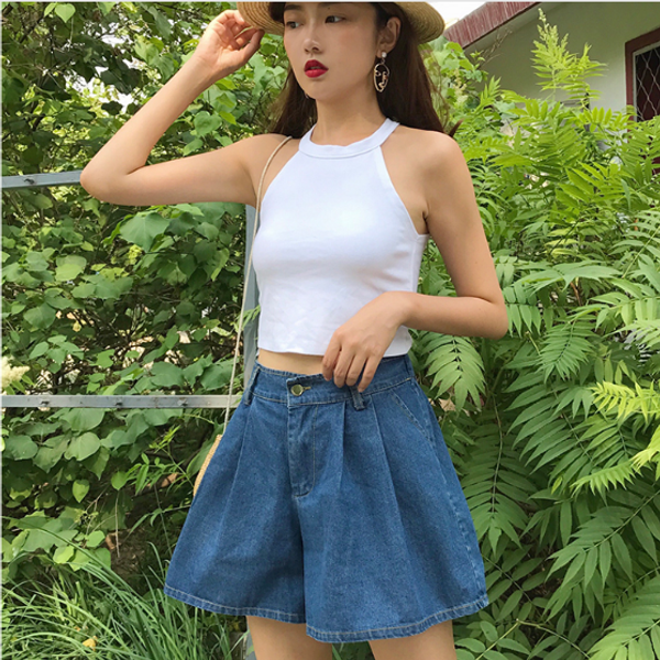 

2020 summer jeans new wide leg style shorts women elegant high waist casual loose slim blue denim shorts skirts fw931, White;black