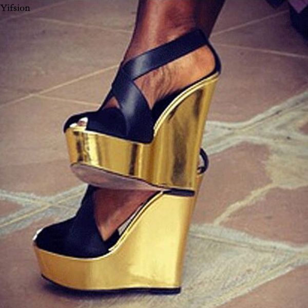 

rontic new arrival women platform sandals wedges high heels sandals open toe gorgeous gold party shoes women us plus size 5-15, Black
