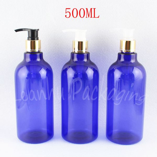 500 мл голубой пластиковой бутылки с золотым лосьонным насосом, 500CC Пустой косметический контейнер, бутылка для упаковки геля лосьона.