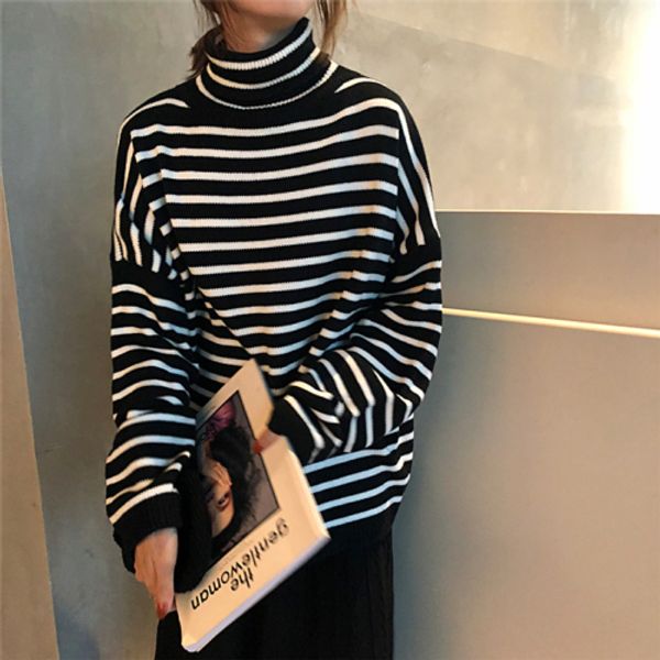 

fmfssom 2020 новая весна осень женские полосатая водолазка вязание свитер женщина с длинным рукавом повседневные tops свитер ледис тонкий, White;black