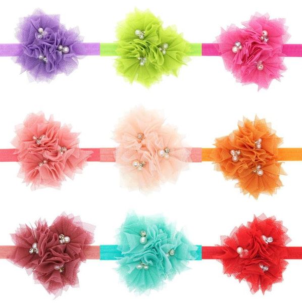 Europa Infant Baby Girl Lace Flower Headband Crianças Princesa Headwrap Beads Tulle Elastic Ornamentos Hairband Crianças Cabelo Acessórios A261